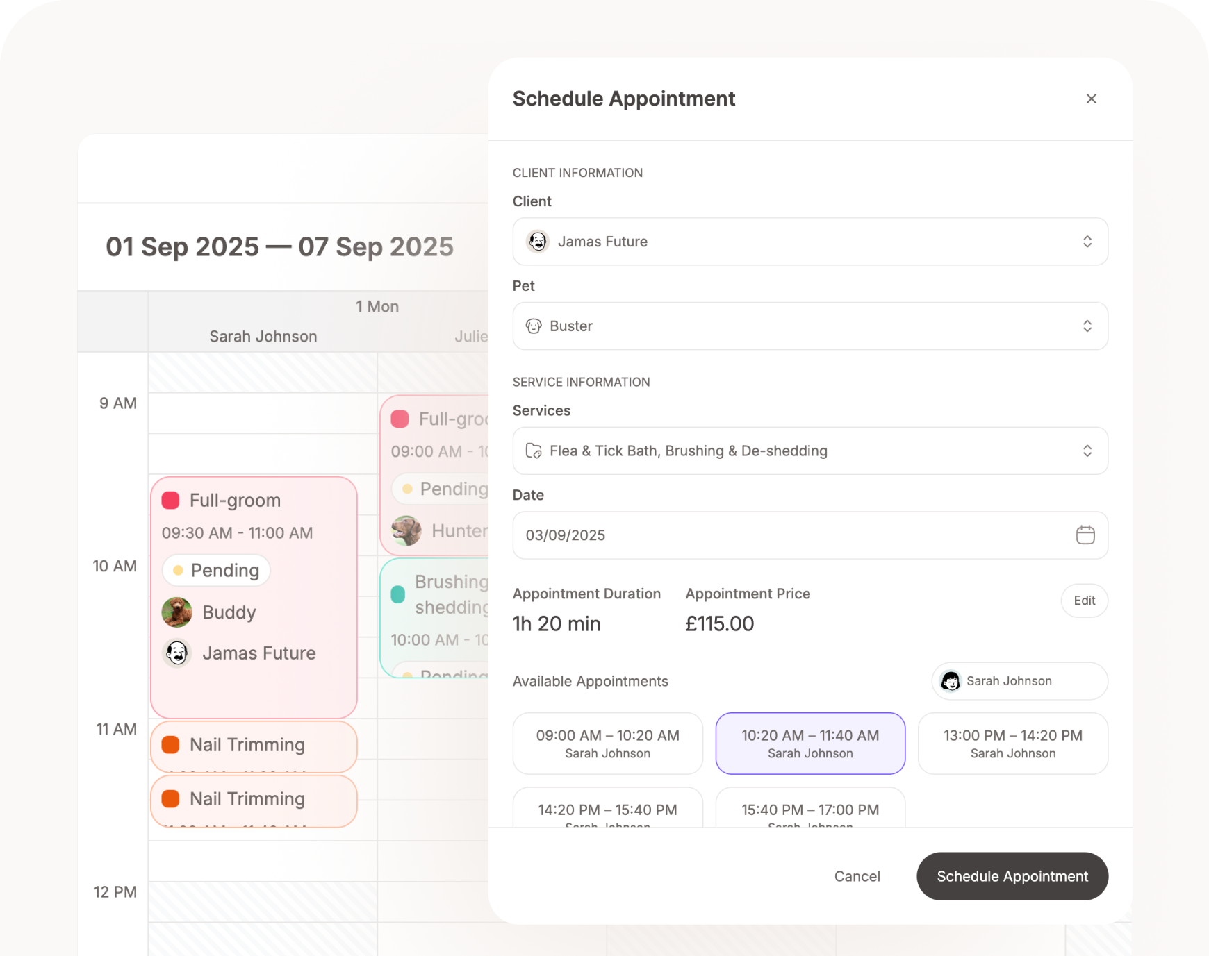 Smart booking calendar dashboard showing daily and weekly appointment views
