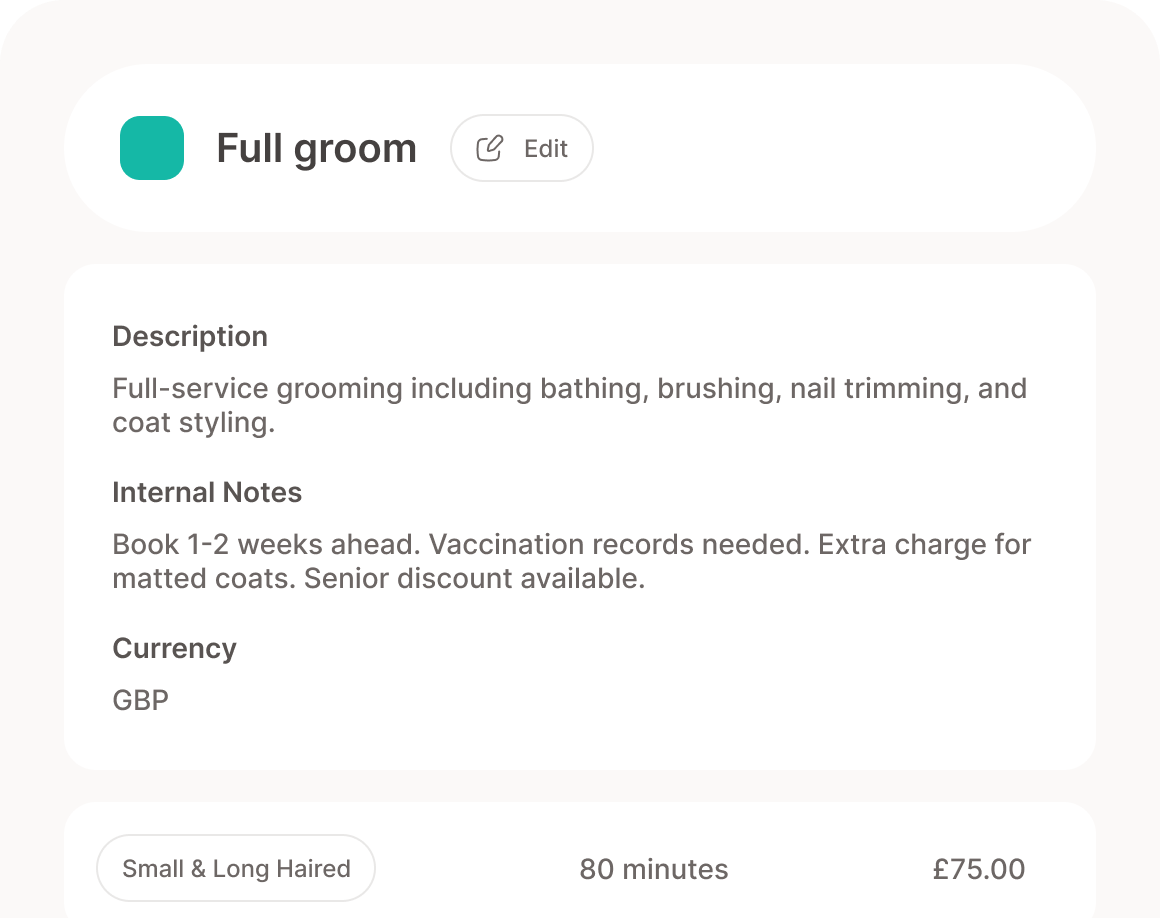 Service and pricing management interface showing flexible pricing options
